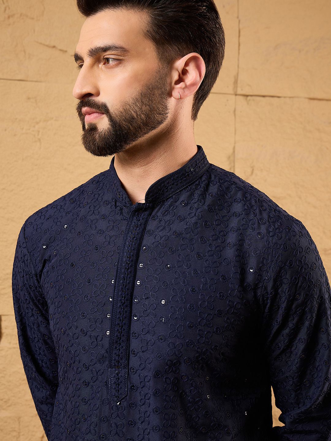Ethnic Bay Men Blue Viscose Rayon Solid Embroidered Straight Kurta With Pant Set-MKSET1187