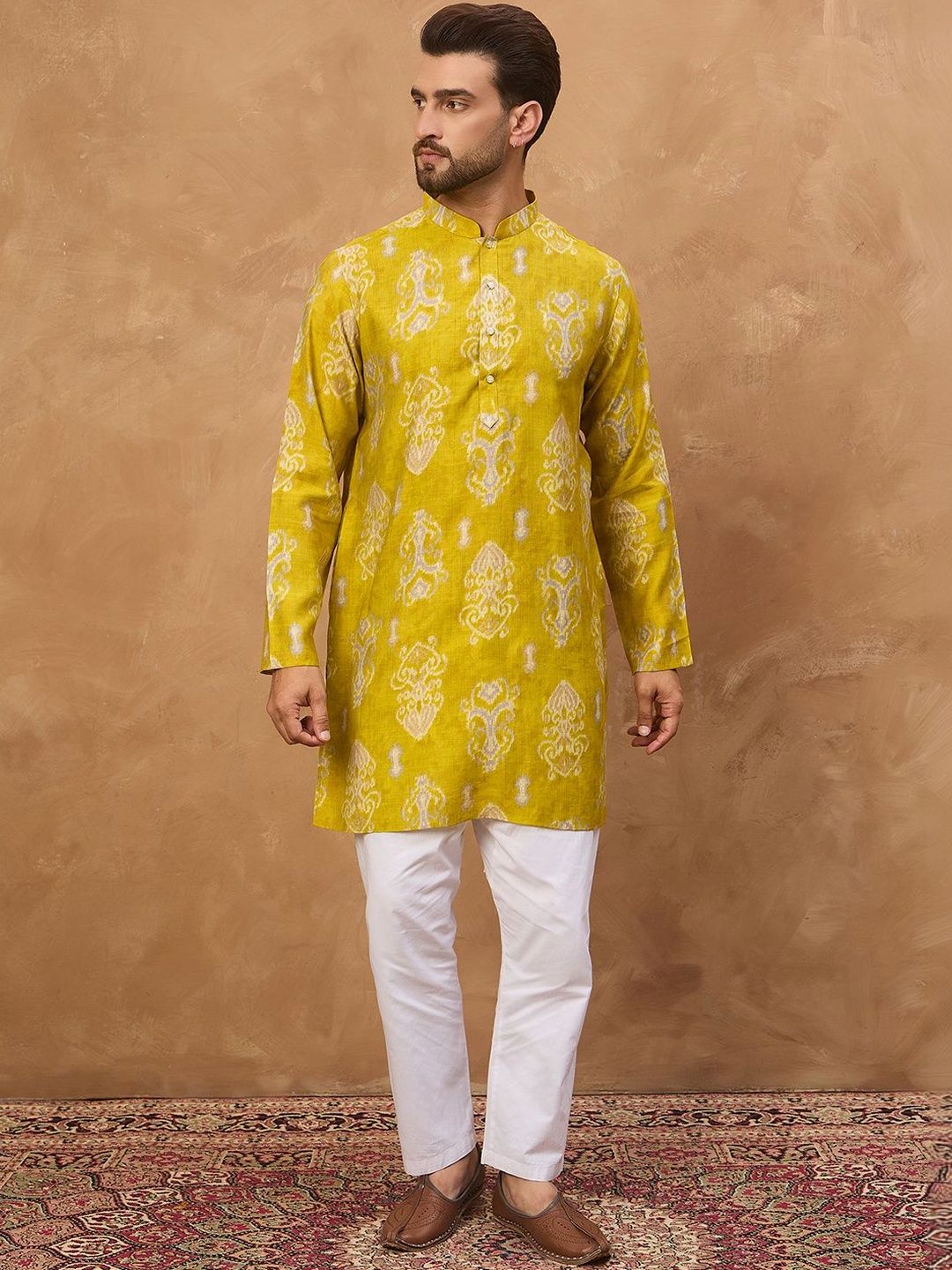 Ethnic Bay Men Yellow Viscose Rayon Ikat Printed Straight Kurta With Pant Set-MKSET1543
