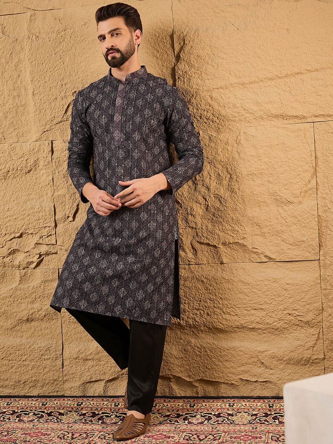 Ethnic Bay Mens Grey Viscose Rayon Ethnic Motifs Embroidered Chikankari Straight Kurta With Pant Set-MKSET1165