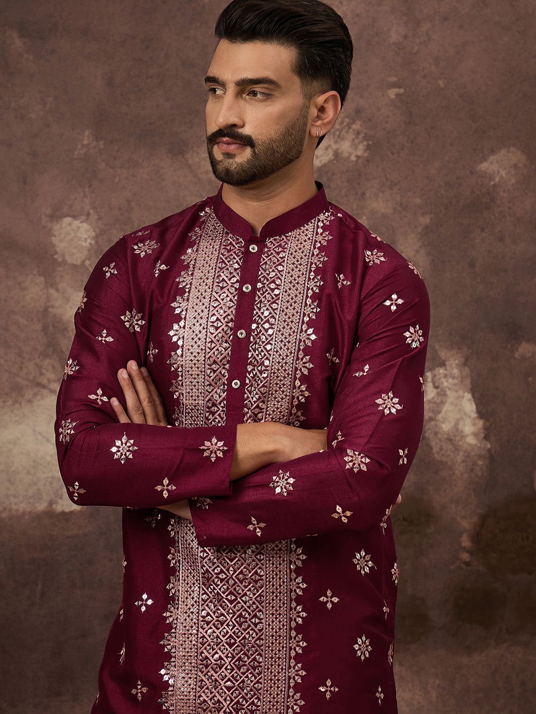 Ethnic Bay Men Maroon Silk Blend Solid Embroidered Straight Kurta With Pant Set-MKSET1369