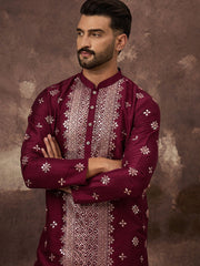 Ethnic Bay Men Maroon Silk Blend Solid Embroidered Straight Kurta With Pant Set-MKSET1369