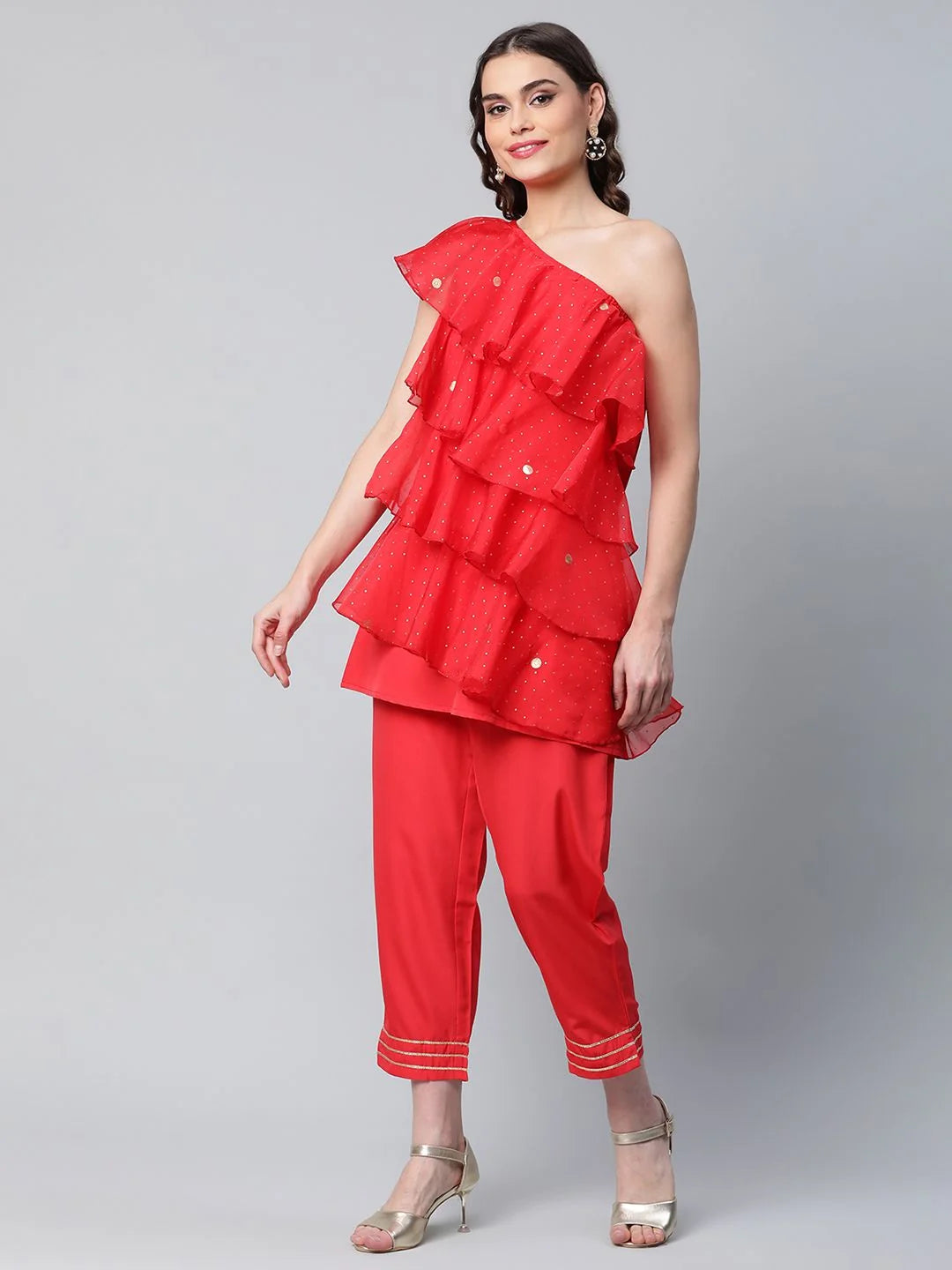 Red Printed Organza Top & Trousers Set | Co-ord Sets Women