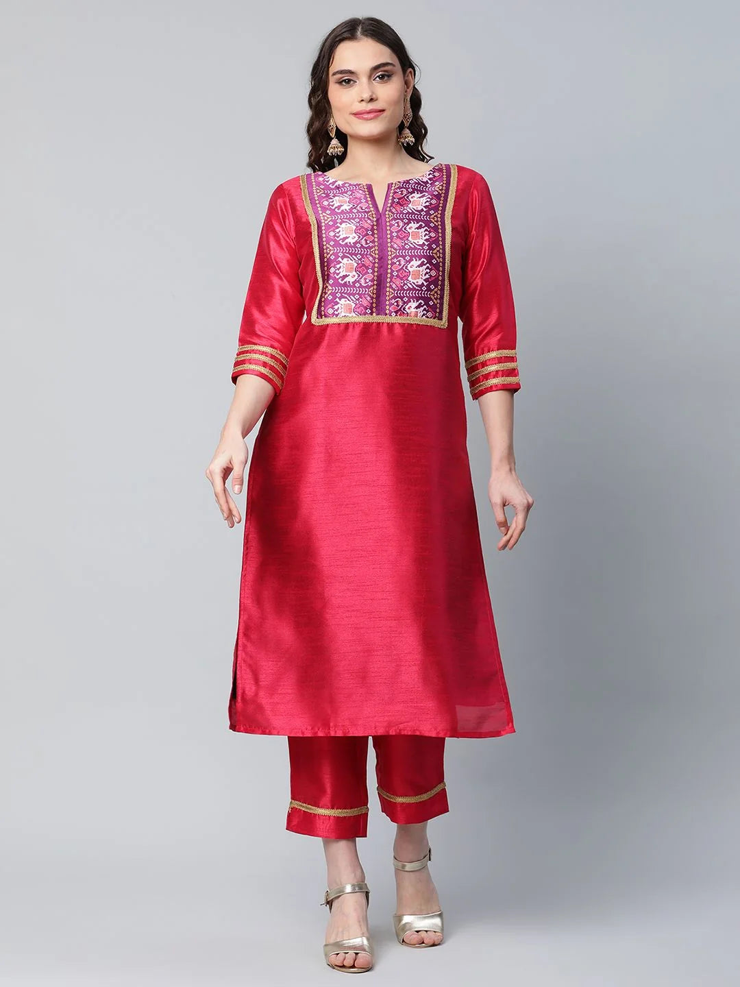Red Art Silk Printed Kurta Pant Set-AHKUPN-COMBO-465