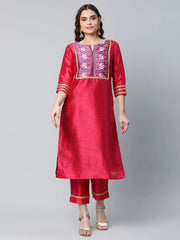 Red Art Silk Printed Kurta Pant Set-AHKUPN-COMBO-465