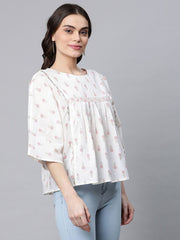 Off White Pure Cotton Floral Printed Tunic-AHTUCOPG-8065