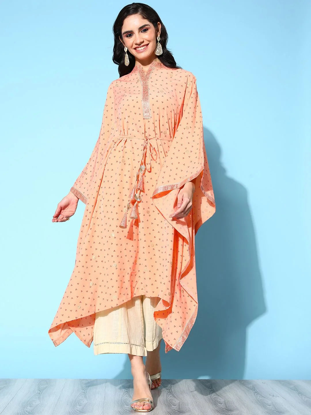 Peach Bandhani Printed Kaftan Kurta-AHKFCRPG-6048-FF