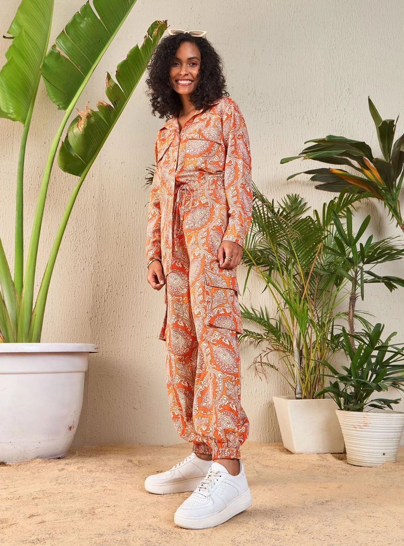Women's Orange Paisley Co Ord Sets: Shirt & Jogger Pants