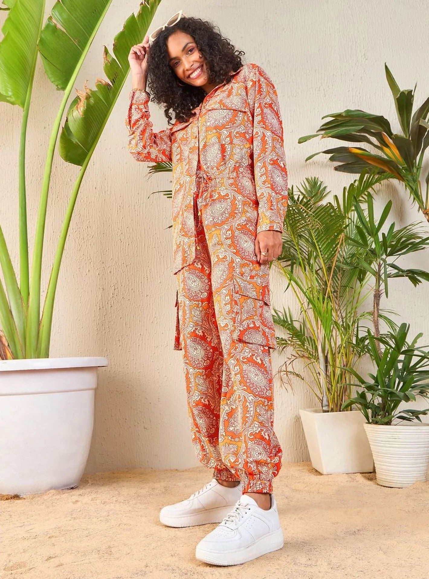 Women's Orange Paisley Co Ord Sets: Shirt & Jogger Pants