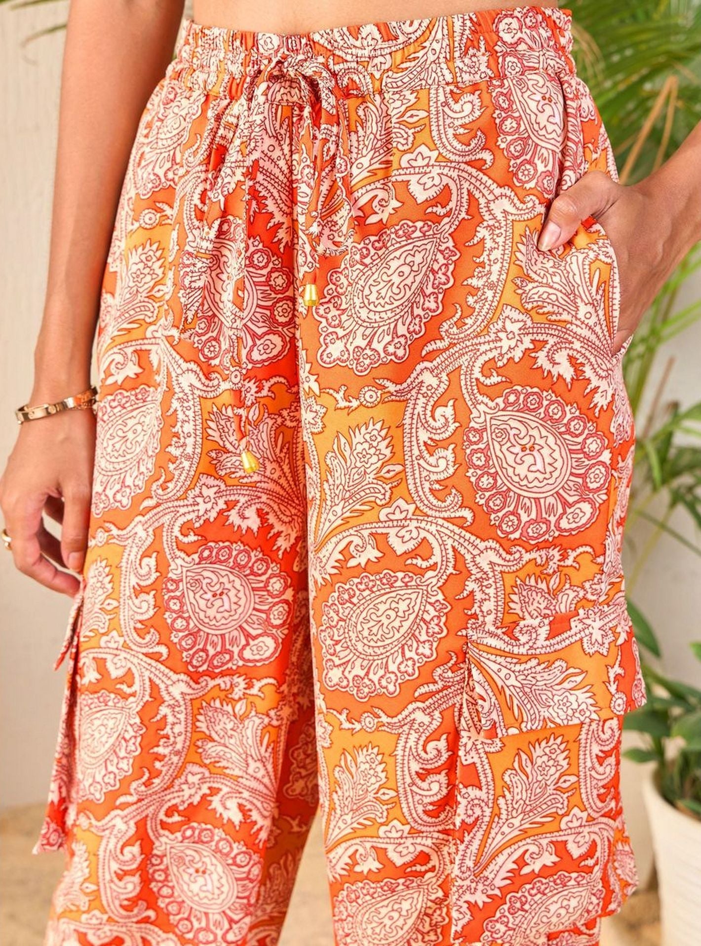 Women's Orange Paisley Co Ord Sets: Shirt & Jogger Pants