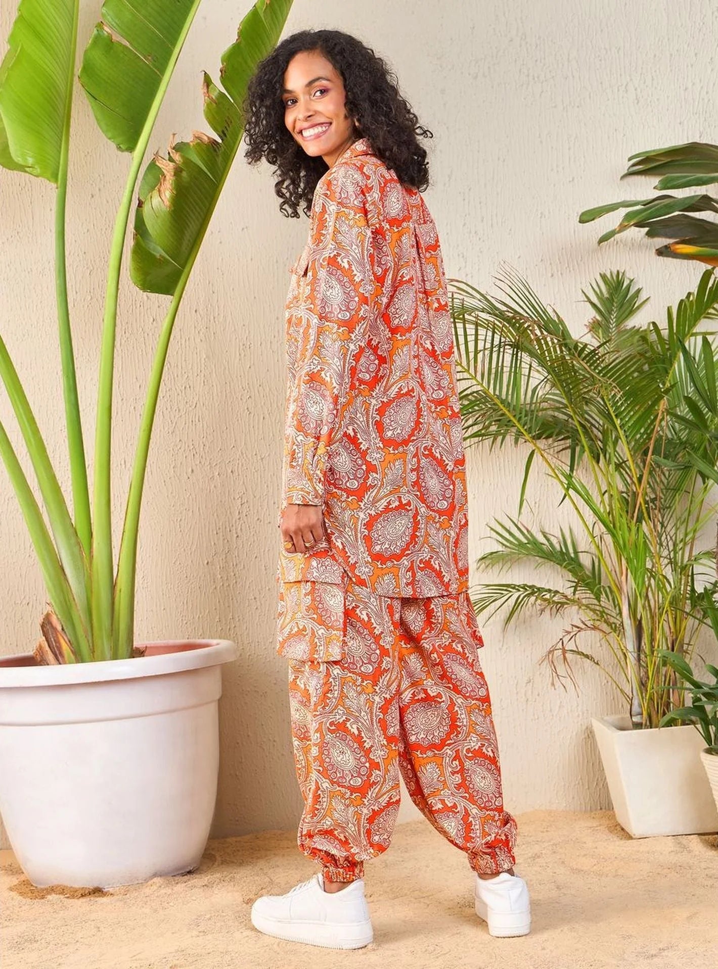 Women's Orange Paisley Co Ord Sets: Shirt & Jogger Pants