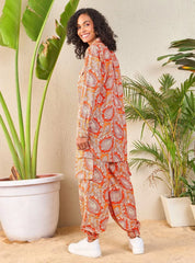 Women Orange Paisley Shirt With Jogger Pants