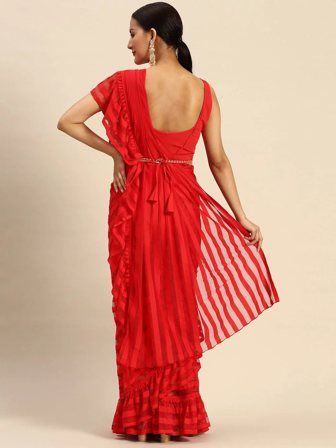 Red Striped Ready to Wear Saree | Indian Sarees