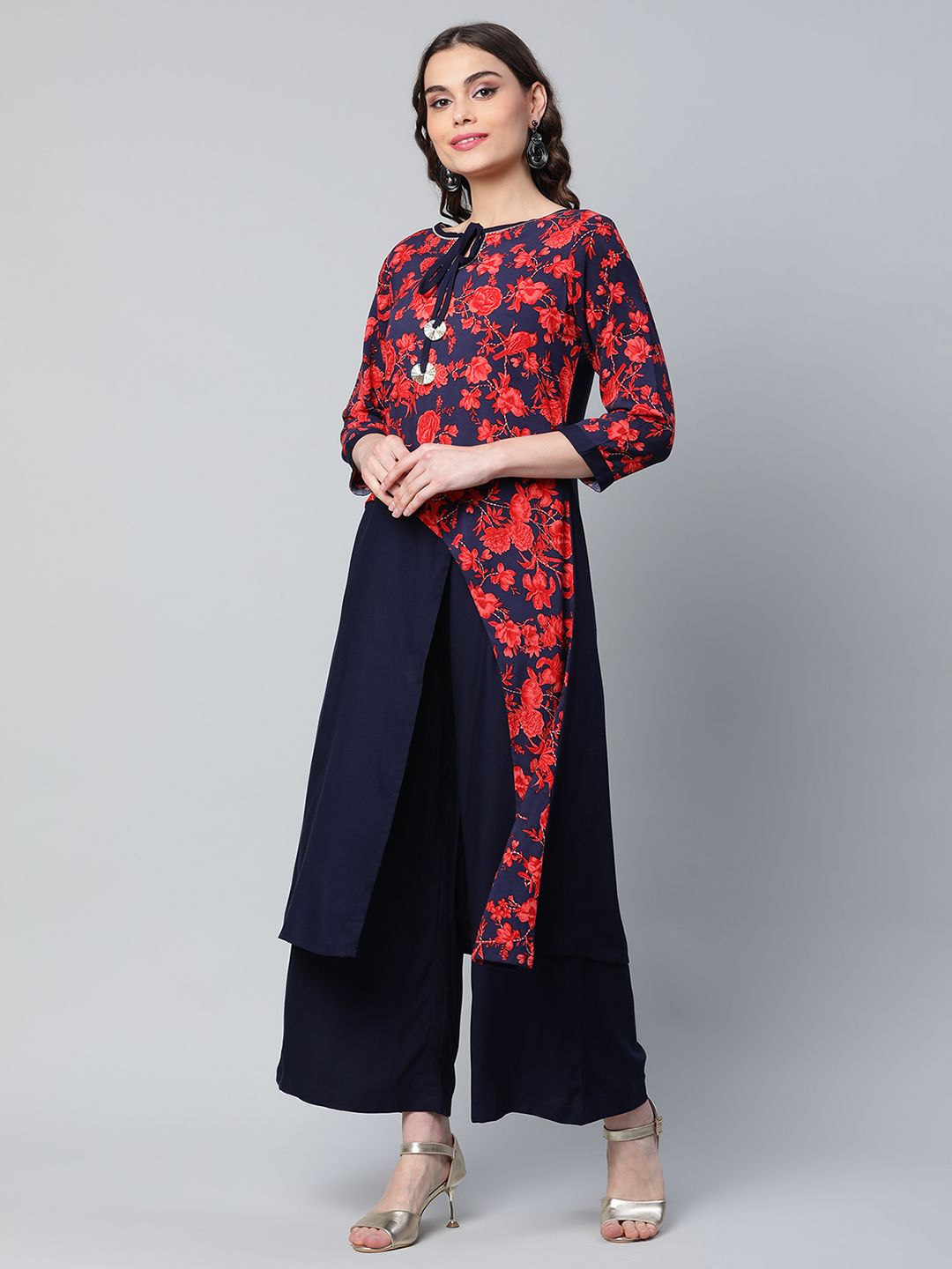 Navy Rayon Printed Kurta Palazzo Set | Women's Palazzo Sets