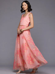 Floral Printed Gotta Patti Organza Ethnic Gown-AHEDORKHGP-256