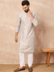 Ethnic Bay Men Grey Silk Geometric Printed Straight Kurta With Pant Set-MKSET1272