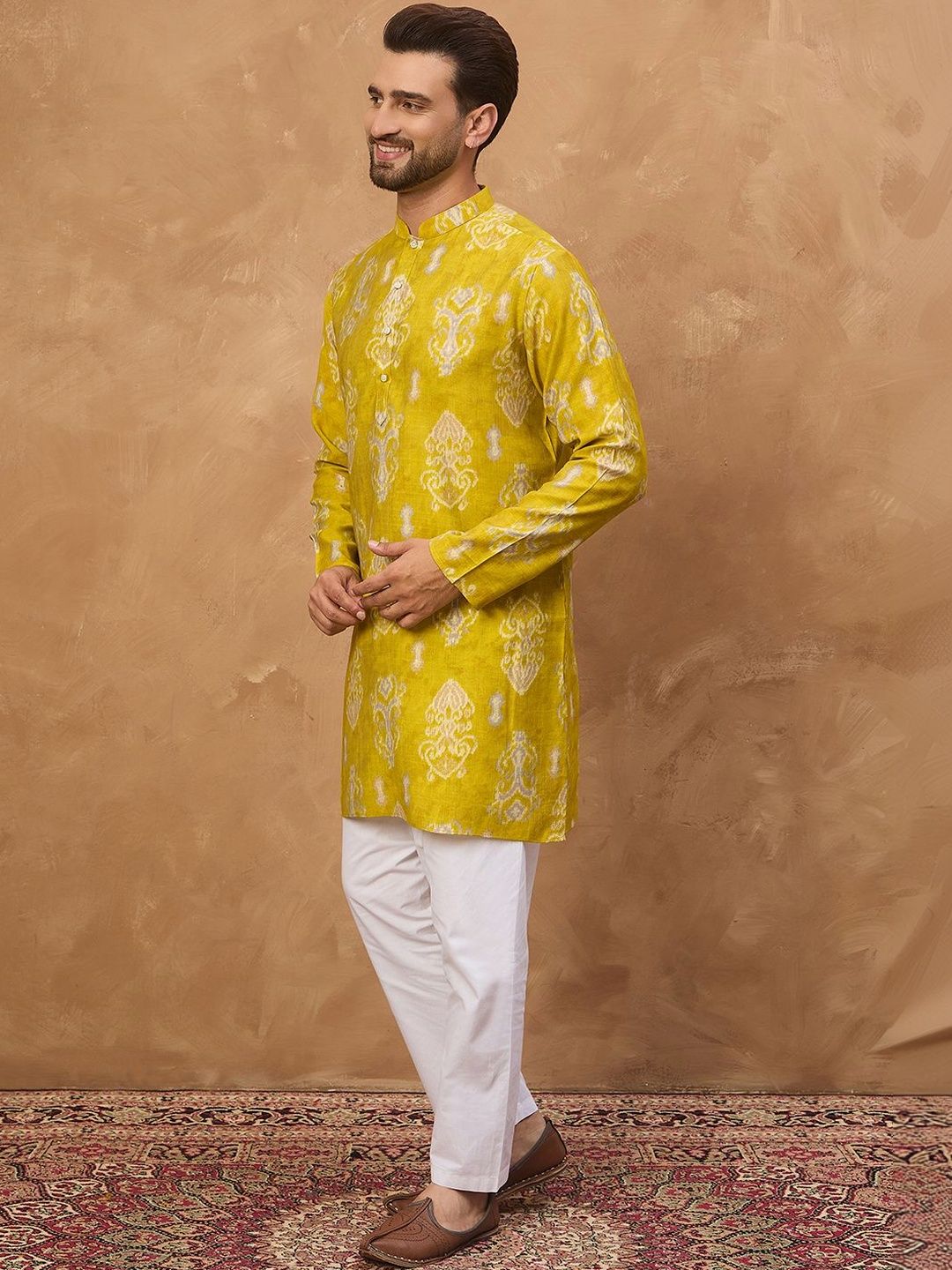 Ethnic Bay Men Yellow Viscose Rayon Ikat Printed Straight Kurta With Pant Set-MKSET1543
