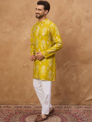 Men Yellow Viscose Rayon Ikat Printed Straight Kurta With Pant Set-MKSET1543