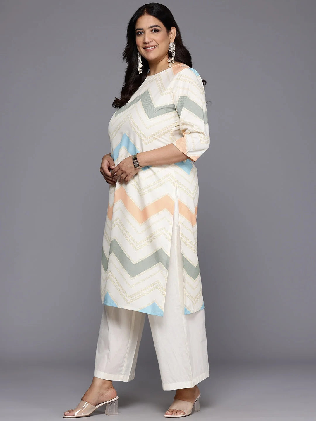 Plus Size Chevron Print Polyester Indian Kurta for Women