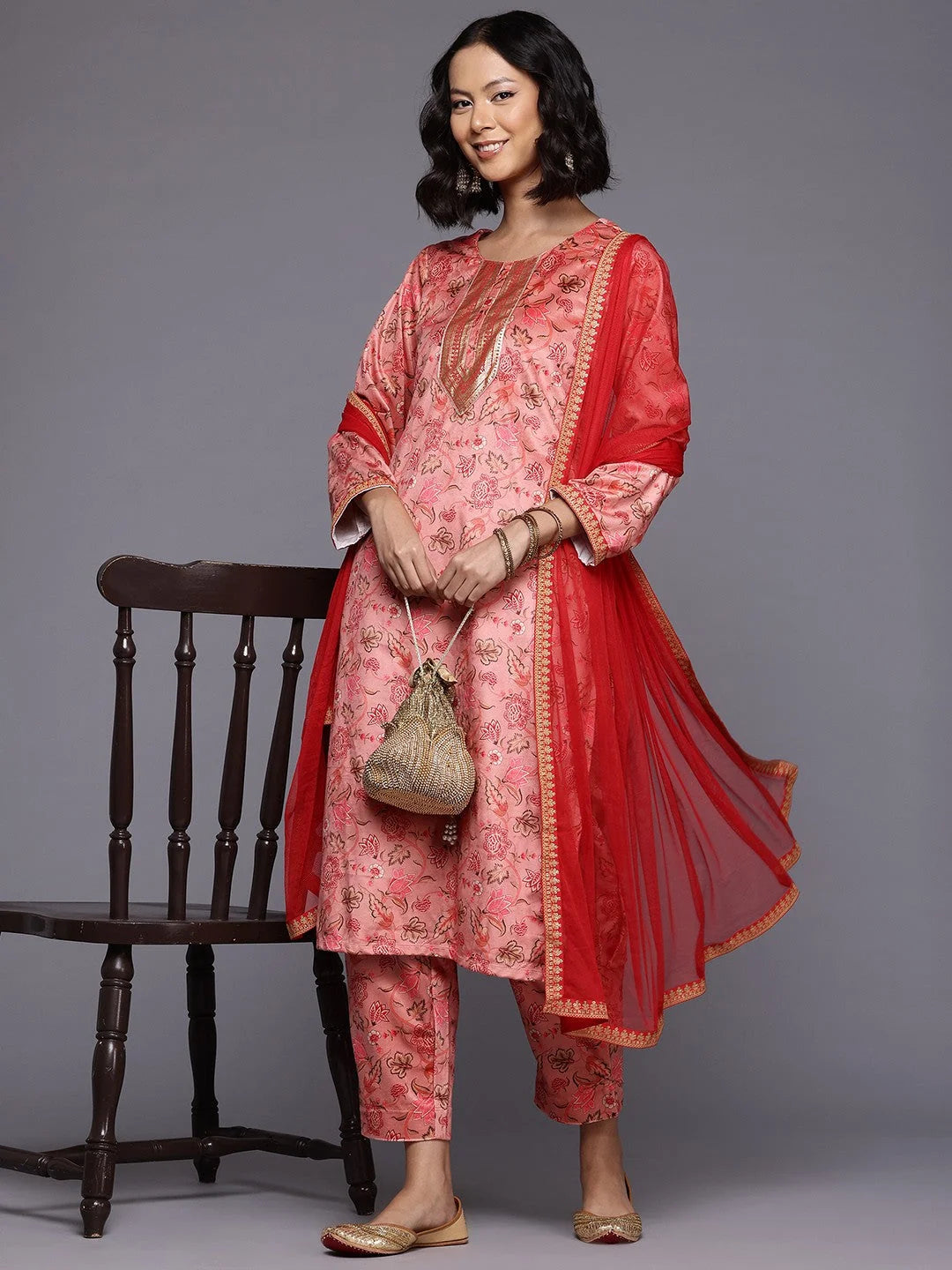 Floral Printed Gotta Patti Velvet Kurta With Trousers & Dupatta-AHKUPNDU-COMBO-1029