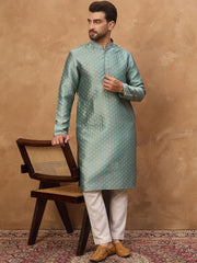 Ethnic Bay Men Blue Silk Blend Solid Woven Design Straight Kurta With Pant Set-MKSET1457