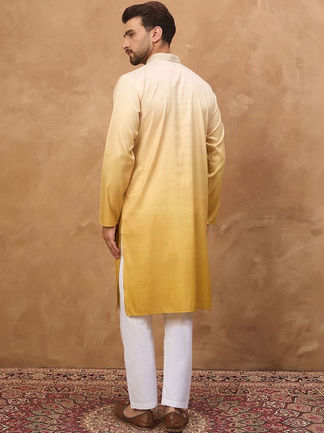 Ethnic Bay Men Yellow Silk Blend Solid Embroidered Straight Kurta With Pant Set-MKSET1486