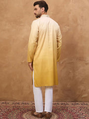 Ethnic Bay Men Yellow Silk Blend Solid Embroidered Straight Kurta With Pant Set-MKSET1486