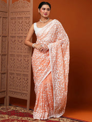 Women's Organza Peach Embroidered Designer Saree With Blouse Piece-7KAVI701