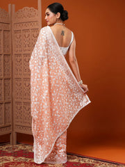 Women's Organza Peach Embroidered Designer Saree With Blouse Piece-7KAVI701