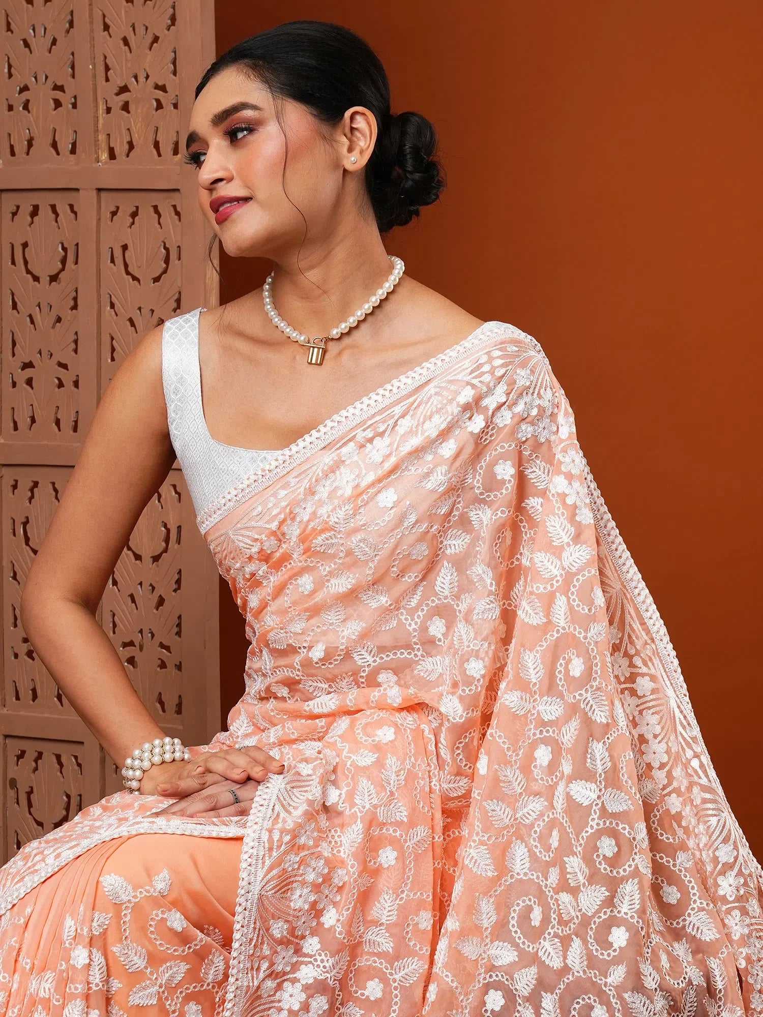 Embroidered Peach Organza Saree | Indian Wedding Sarees