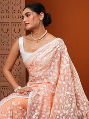 Women's Organza Peach Embroidered Designer Saree With Blouse Piece-7KAVI701
