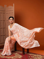 Women's Organza Peach Embroidered Designer Saree With Blouse Piece-7KAVI701