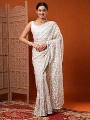 Women's Organza Cream Embroidered Designer Saree With Blouse Piece-7KAVI706