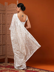 Women's Organza Cream Embroidered Designer Saree With Blouse Piece-7KAVI706