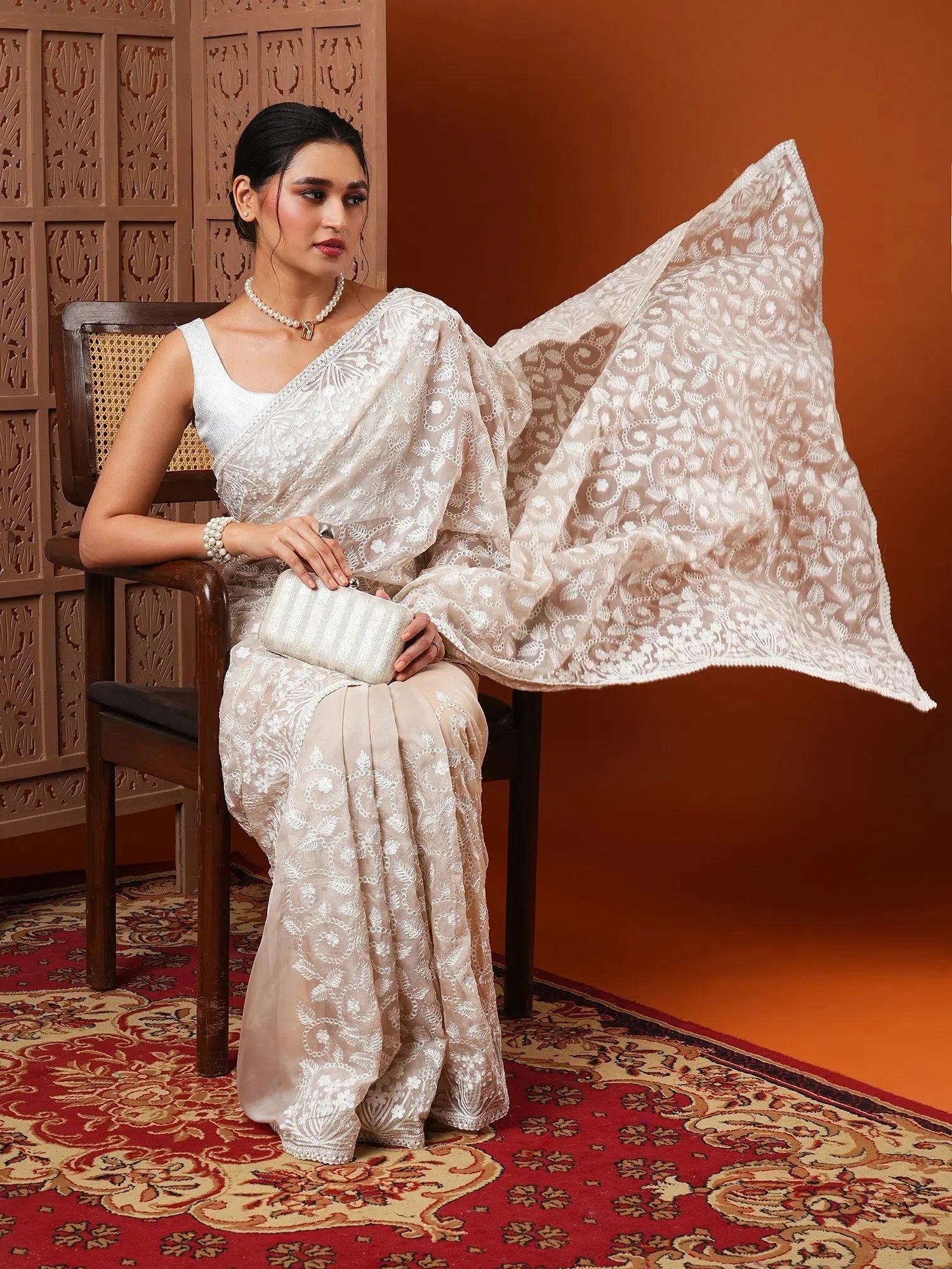 Cream Embroidered Organza Saree - Indian Sarees