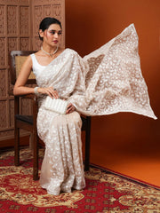 Women's Organza Cream Embroidered Designer Saree With Blouse Piece-7KAVI706