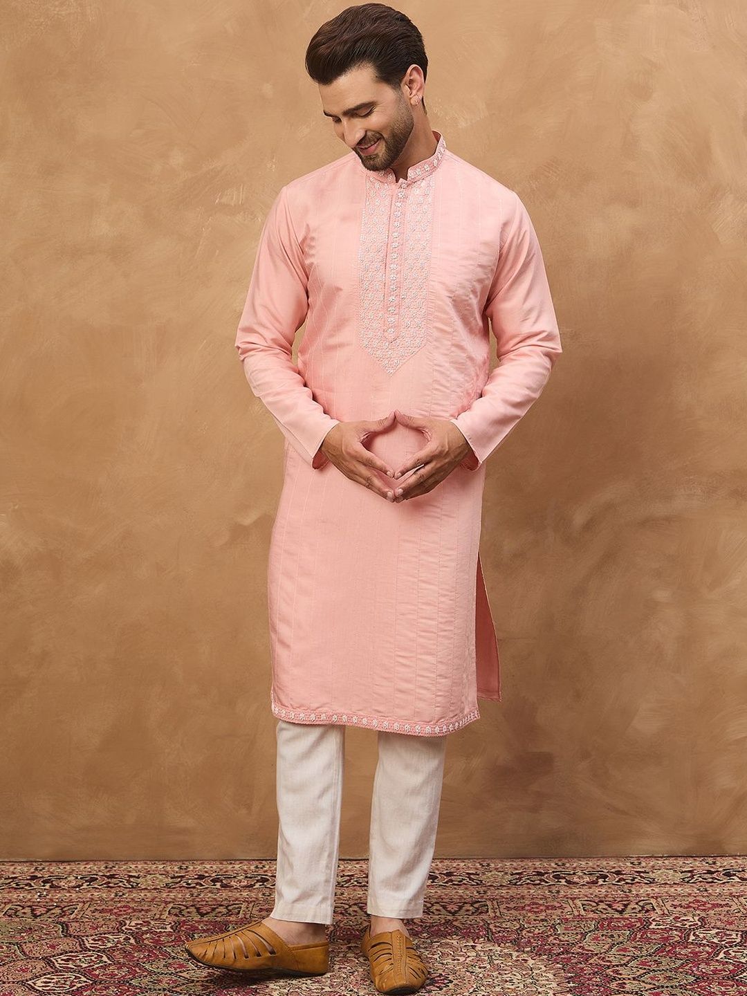 Ethnic Bay Men Peach Silk Blend Solid Solid Straight Kurta With Pant Set-MKSET1506