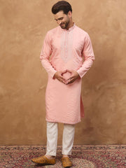 Ethnic Bay Men Peach Silk Blend Solid Solid Straight Kurta With Pant Set-MKSET1506