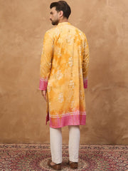 Ethnic Bay Men Yellow Silk Blend Batik Embroidered Straight Kurta With Pant Set-MKSET1513