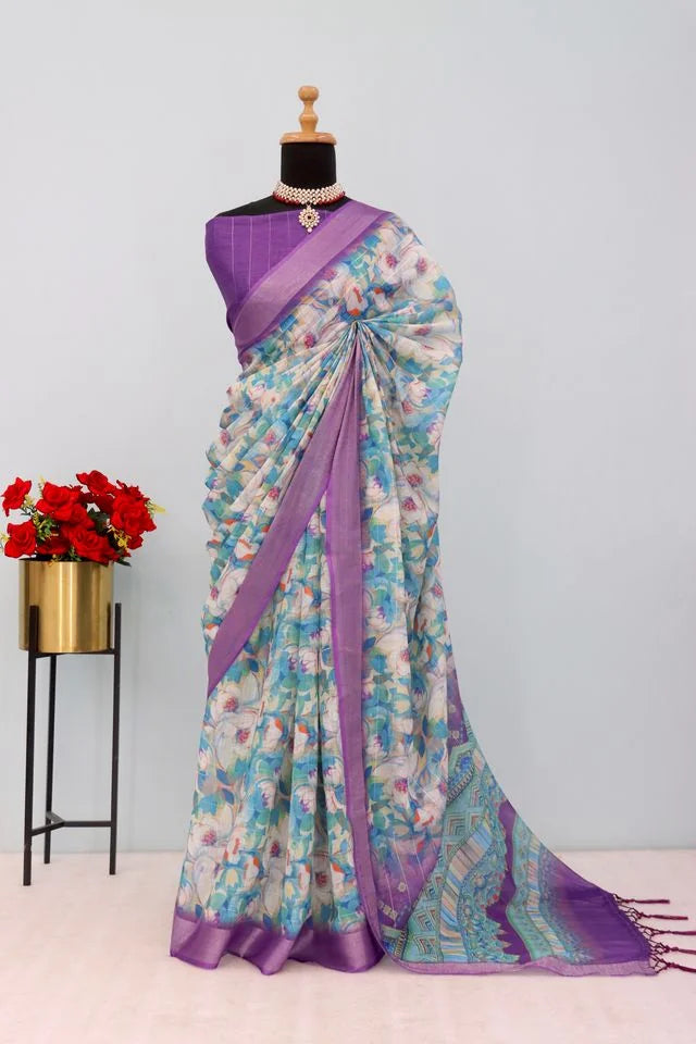 Linen Digital Print Purple Saree With Unstiched Blouse Piece