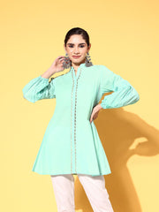Mint Green Pure Cotton Silver Print Tunic-AHTUCOPG-8073-FF