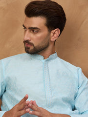 Ethnic Bay Men Blue Silk Blend Solid Embroidered Straight Kurta With Pant Set-MKSET1452