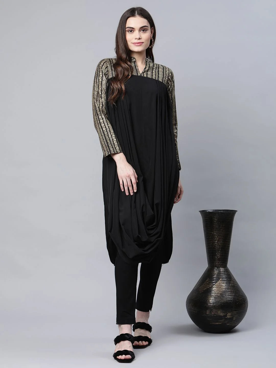 Black & Gold Print Cowl Style Indian Kurta - Stylish Kurtas