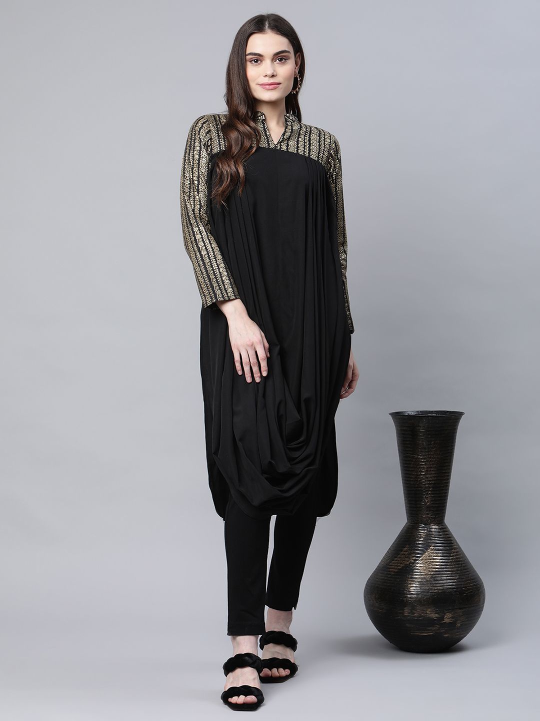 Black & Gold Print Cowl Style Kurta-AHKUCRFP-923-FF