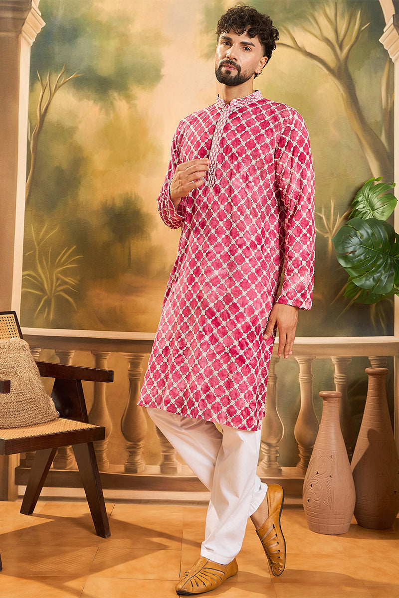 Red Silk Blend Embroidered Shibori Straight Kurta With Trousers MKSET1417