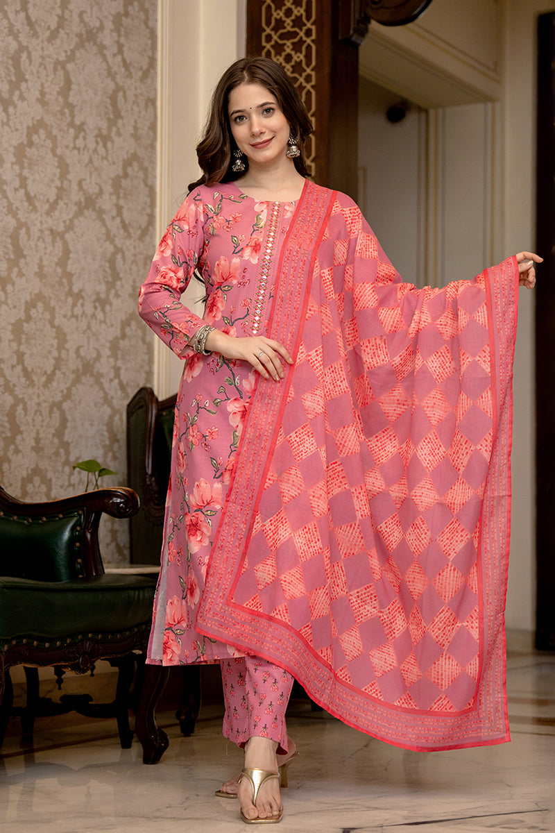 Pink Rayon Blend Floral Printed Straight Trouser Bottom Suit Set PKSKD