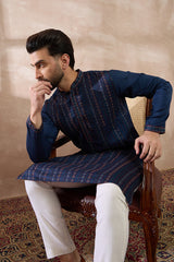Navy Blue Silk Blend Embroidered Mandarin Collar Straight Kurta With Trouser MKSET2040