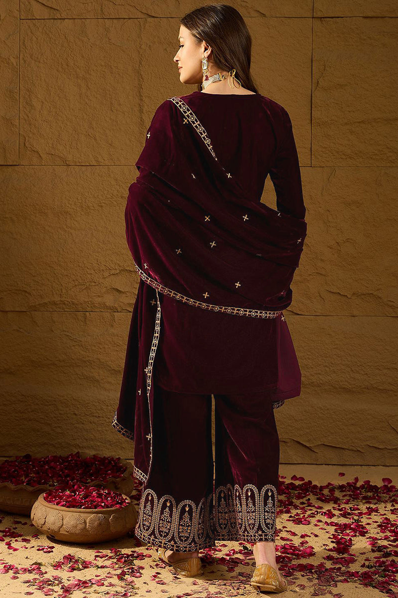Purple Velvet Solid Embroidered Straight Palazzo Suit Set PKSKD2273 | 