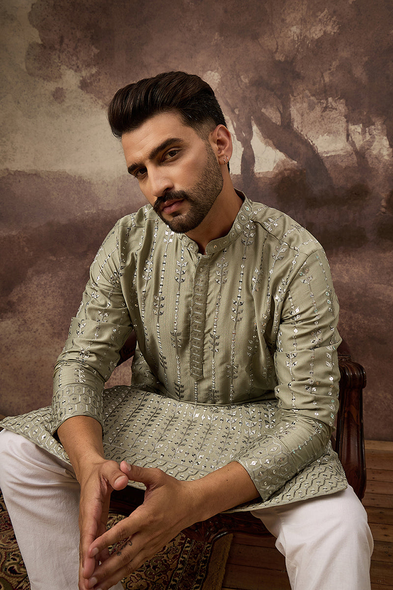 Green Silk Blend Solid Embroidered Straight Kurta MKU1356