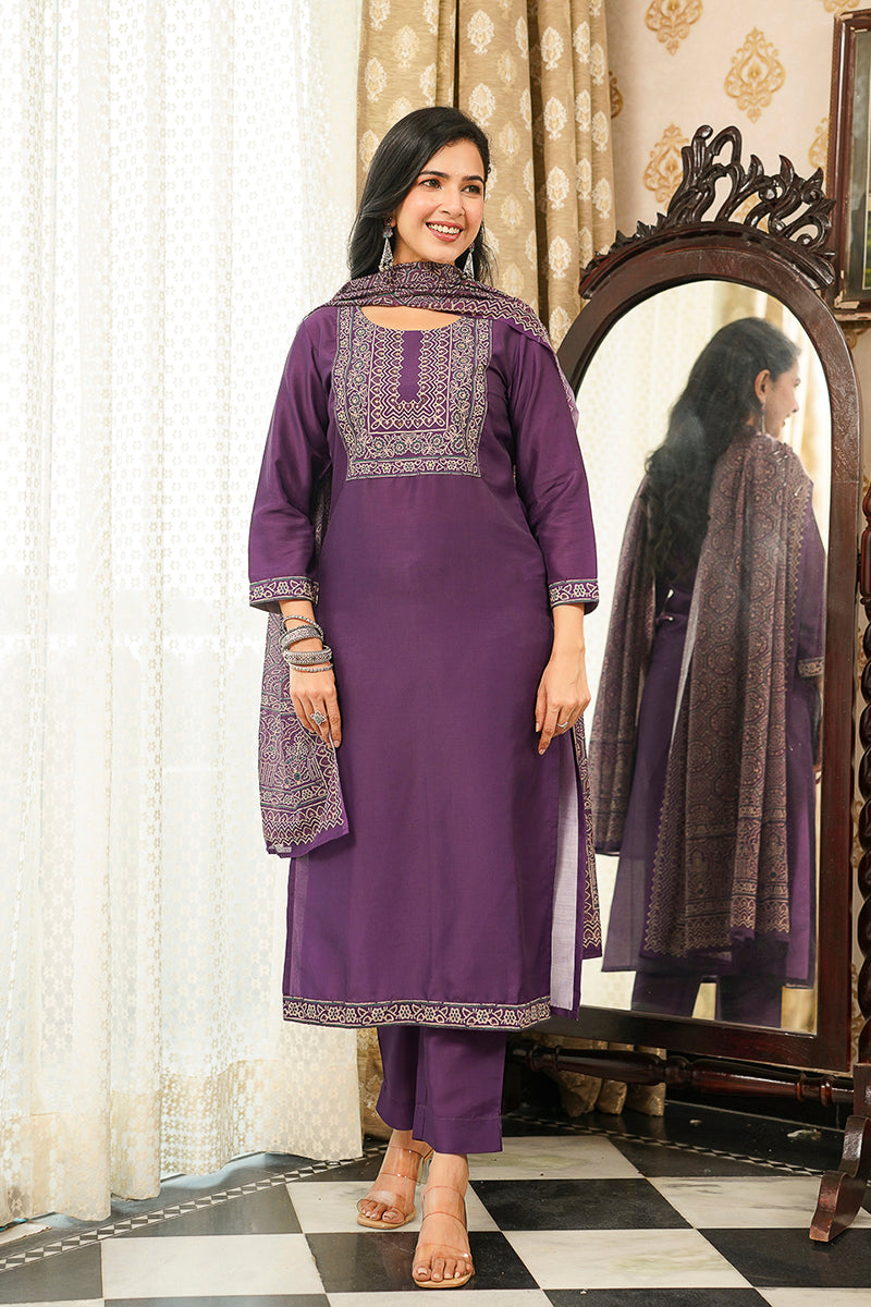 Purple Rayon Blend Ajrakh Printed Straight Kurta Trousers With Dupatta PKSKD3067