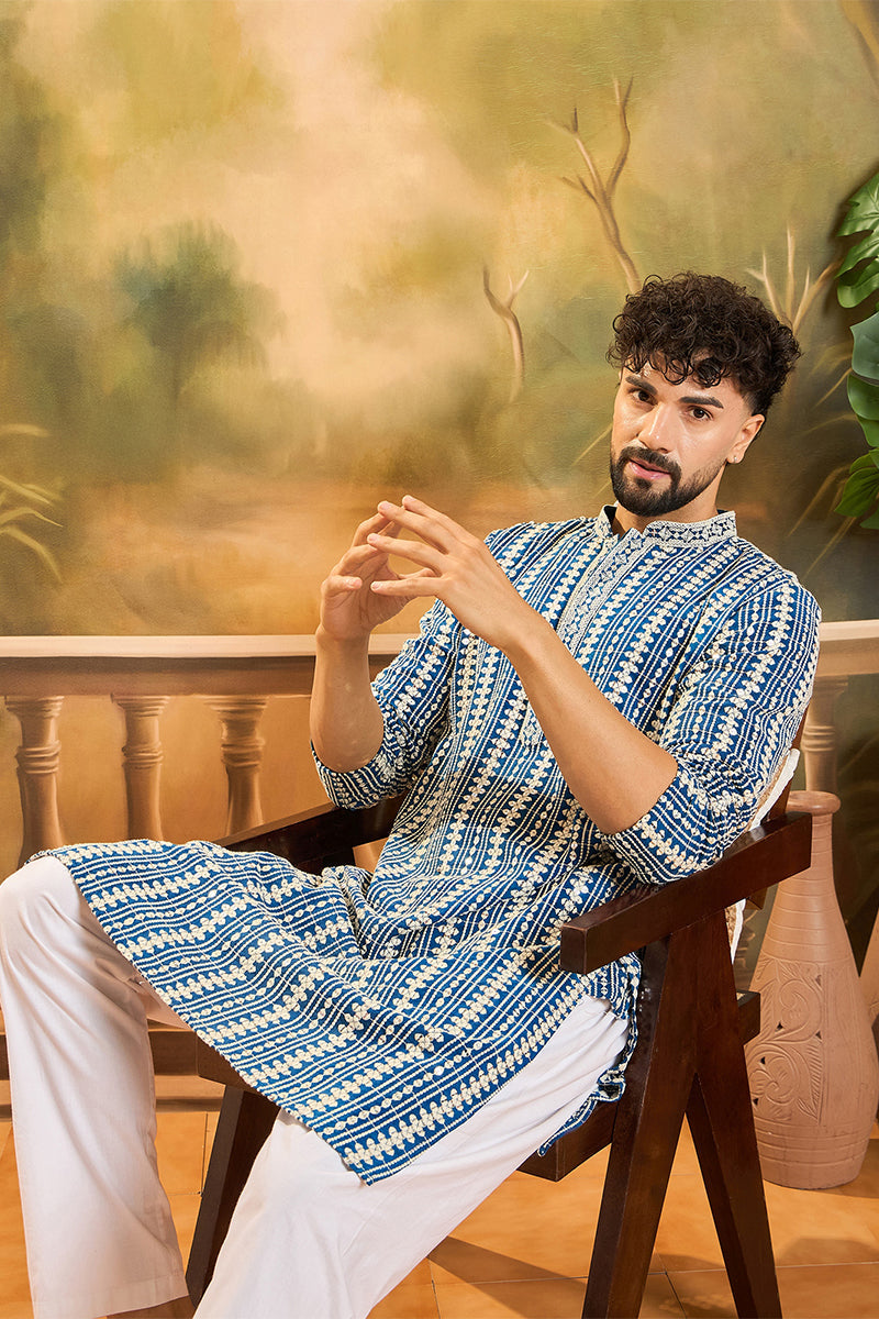 Blue Viscose Rayon Shibori Embroidered Straight Kurta MKU1412
